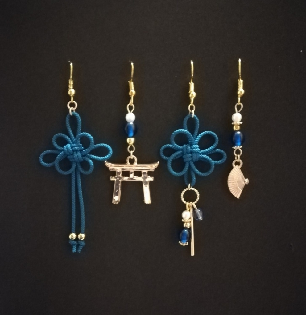 【鳥居or日本刀選択可】和風アシンメトリーピアスセット(青)