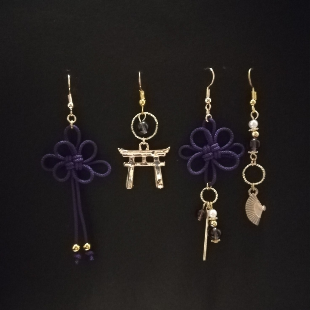 【鳥居or日本刀選択可】和風アシンメトリーピアスセット(紫)