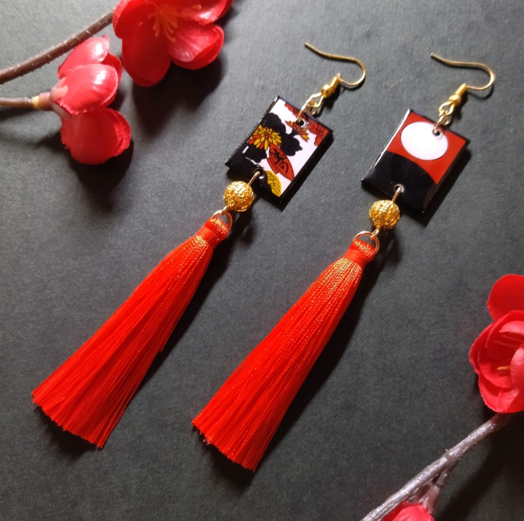 花札&タッセルピアス（月見で一杯）(イヤリング)【和ゴス】【和装】【着物】【成人式】【袴】【浴衣】【和風】