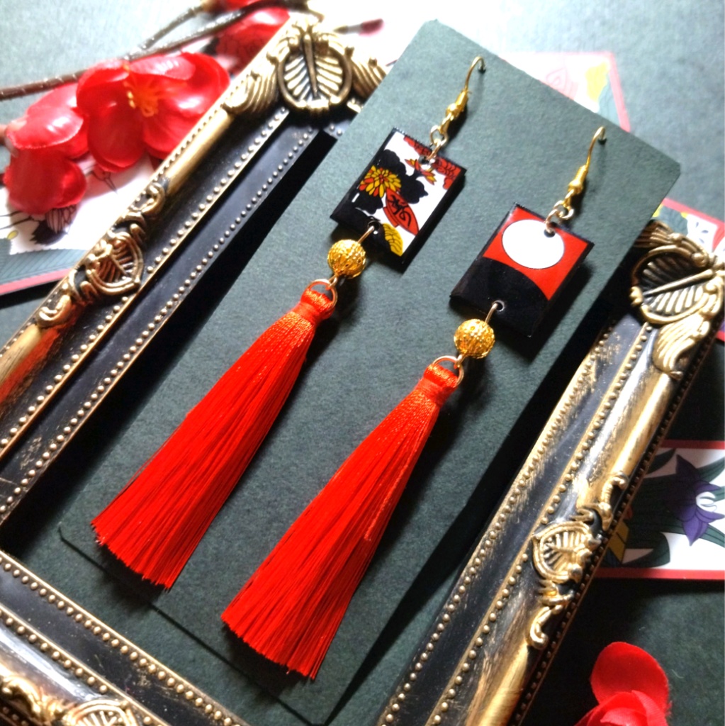 花札&タッセルピアス(月見で一杯)(イヤリング)【和ゴス】【和装】【着物】【成人式】【袴】【浴衣】【和風】
