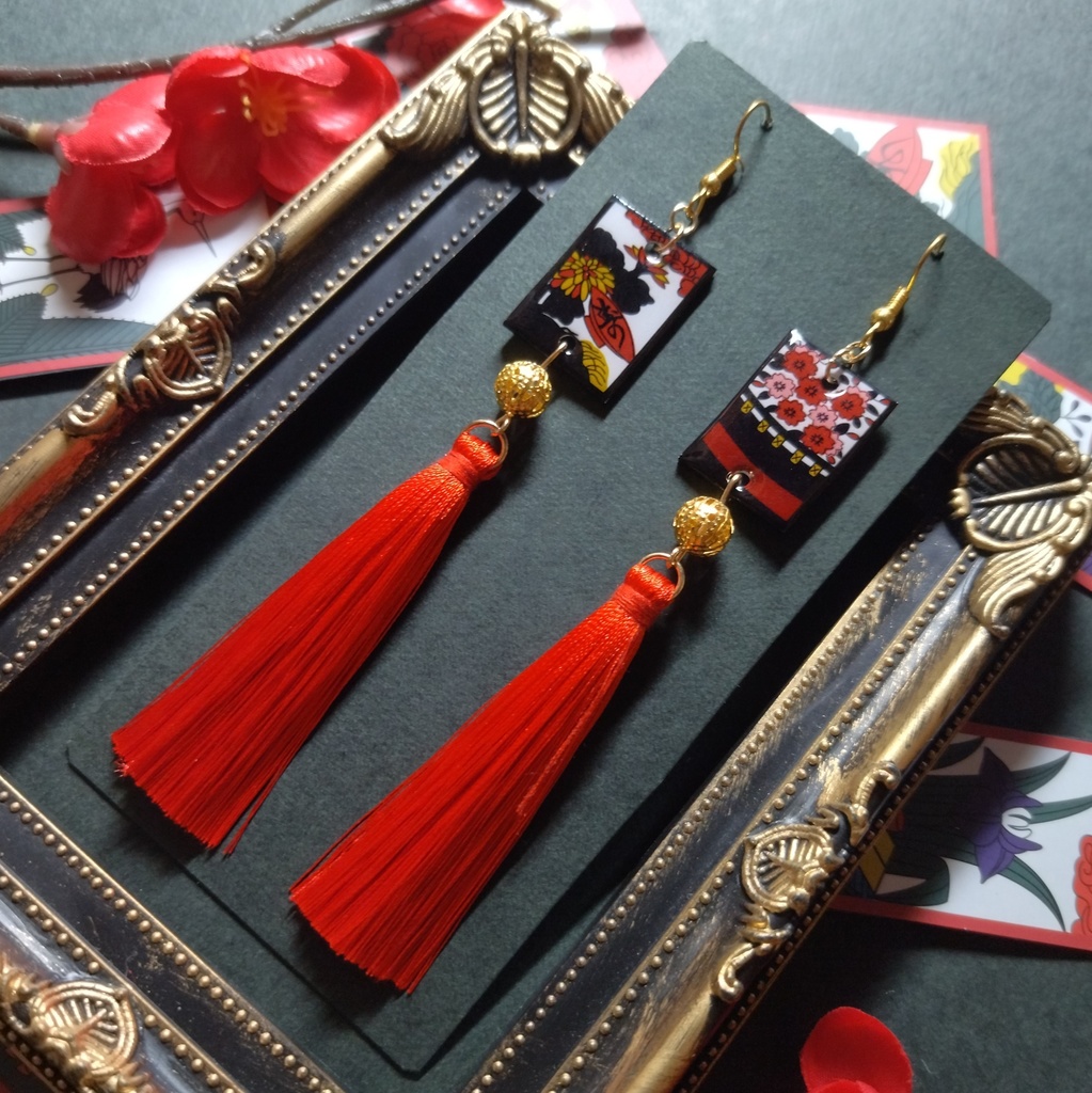 花札&タッセルピアス(花見で一杯)(イヤリング)【和ゴス】【和装】【着物】【成人式】【袴】【浴衣】【和風】