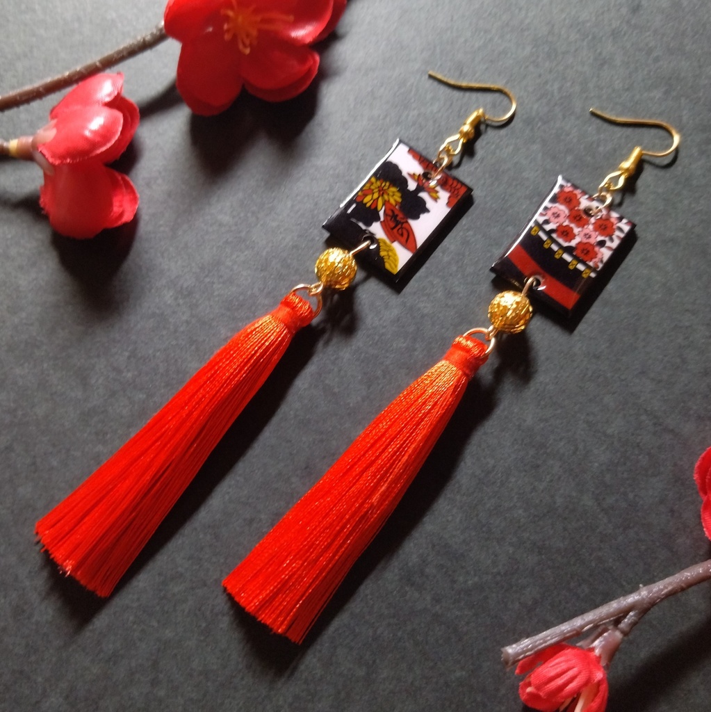 花札&タッセルピアス（花見で一杯）(イヤリング)【和ゴス】【和装】【着物】【成人式】【袴】【浴衣】【和風】
