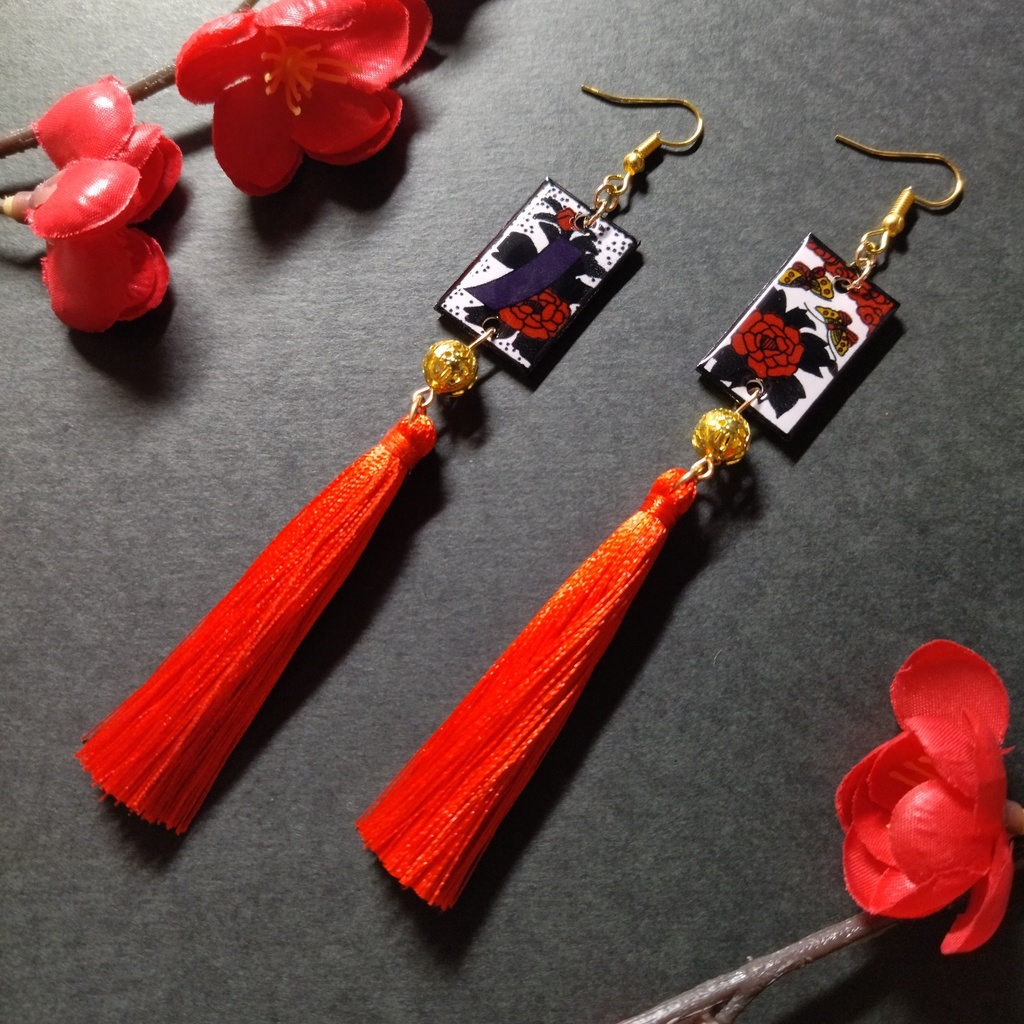 花札&タッセルピアス(牡丹)(イヤリング)【和ゴス】【和装】【着物】【成人式】【袴】【浴衣】【和風】゜
