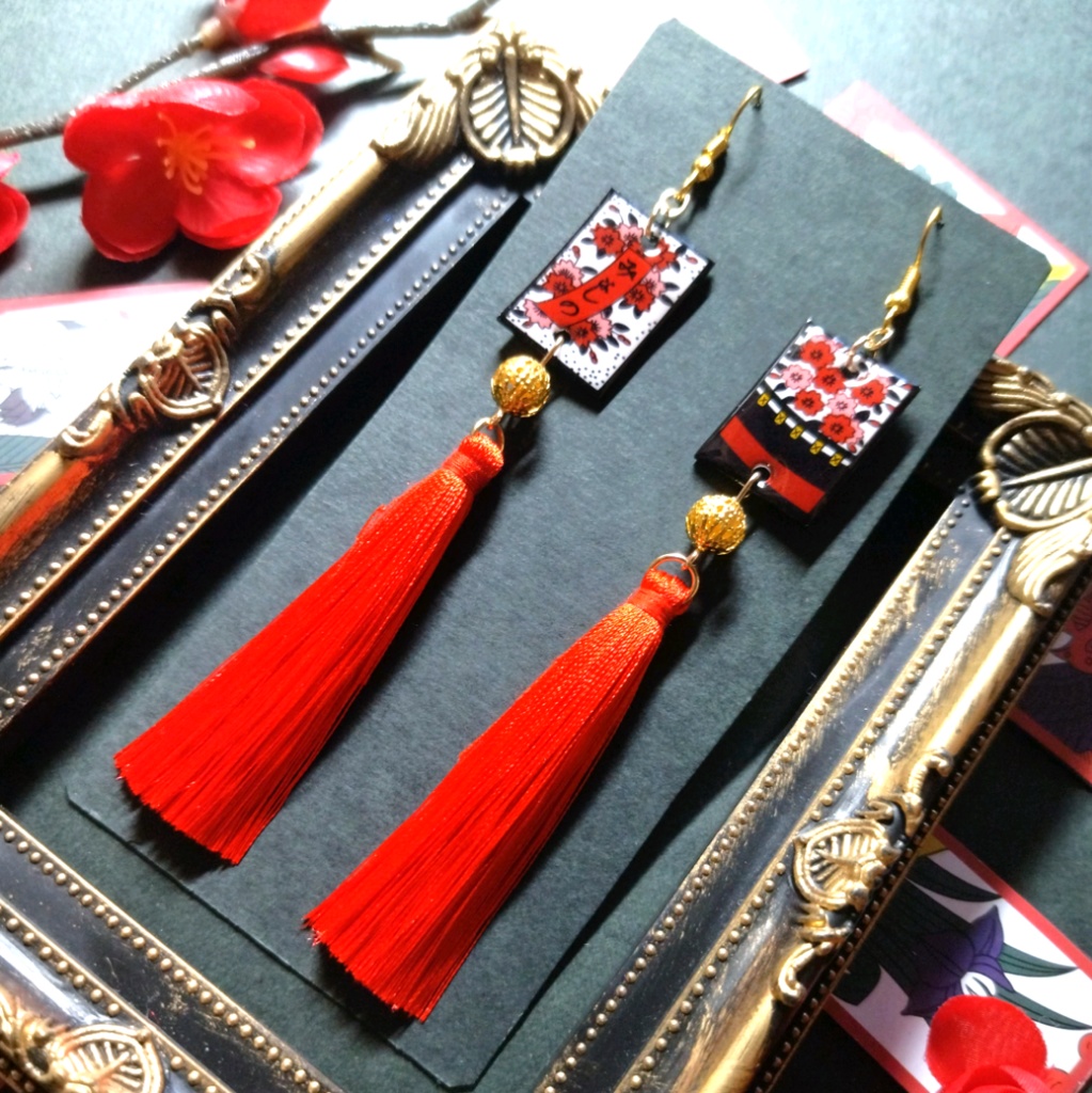 花札&タッセルピアス(桜)(イヤリング)【和ゴス】【和装】【着物】【成人式】【袴】【浴衣】【和風】