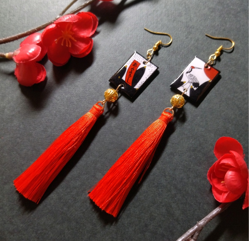 花札&タッセルピアス（鶴）(イヤリング)【和ゴス】【和装】【着物】【成人式】【袴】【浴衣】【和風】