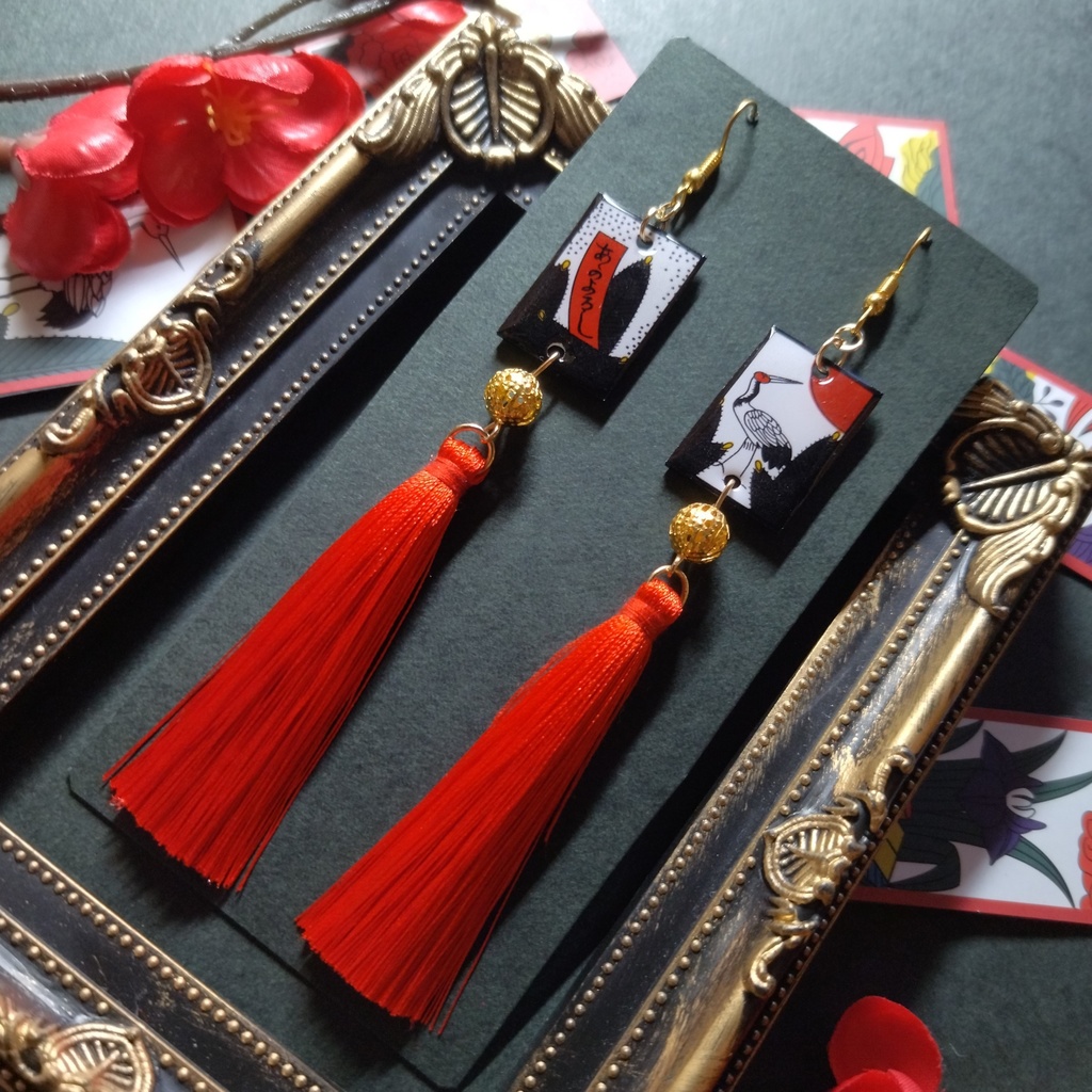 花札&タッセルピアス(鶴)(イヤリング)【和ゴス】【和装】【着物】【成人式】【袴】【浴衣】【和風】