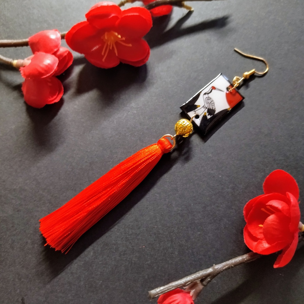 【片耳】花札&タッセルピアス(鶴)(イヤリング)【和ゴス】【和装】【着物】【成人式】【袴】【浴衣】【和風】