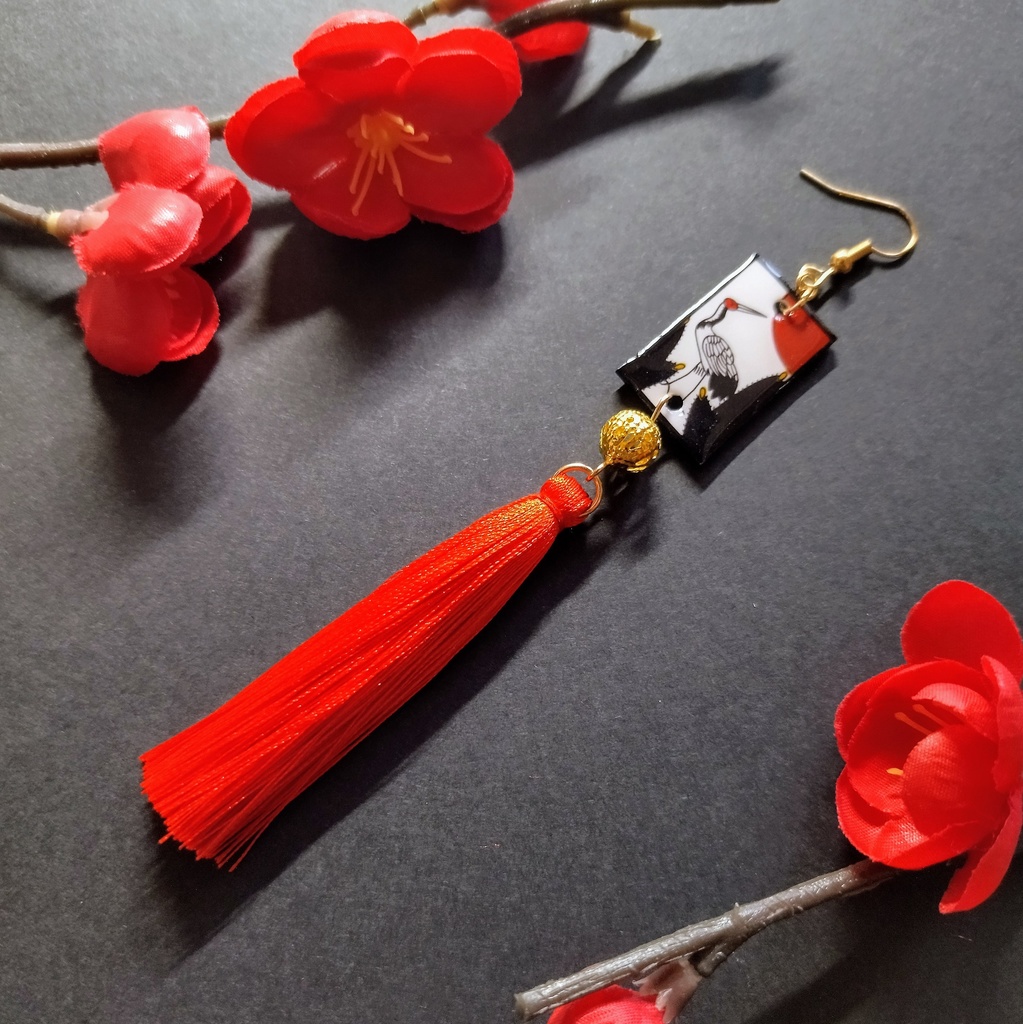 【片耳】花札&タッセルピアス(鶴)(イヤリング)【和ゴス】【和装】【着物】【成人式】【袴】【浴衣】【和風】