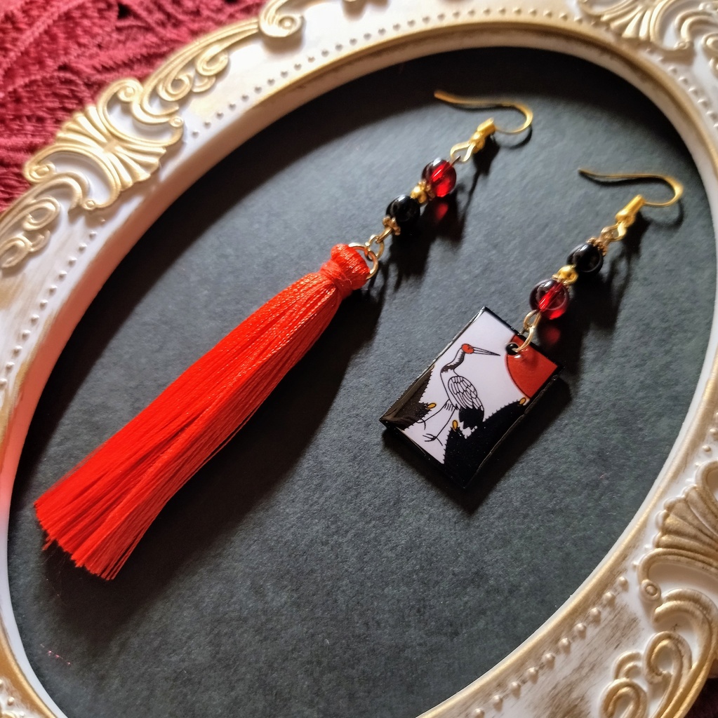 花札&タッセルピアス(イヤリング)(鶴)【和ゴス】【和装】【着物】【成人式】【袴】【浴衣】【和風】