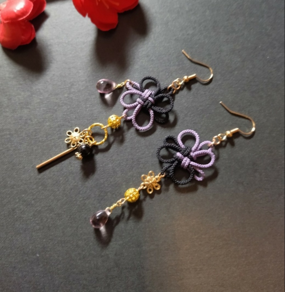 【バイカラー】飾り結びとお花のピアス(色オーダー可)【和風】【和ゴス】