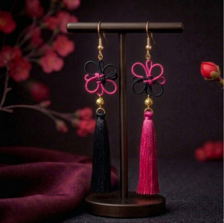 【バイカラー】吉祥結びとタッセルのピアス(イヤリング)(色オーダー可)【和風】【チャイナ】【中華風】【和装】【着物】【推し色】【推し活】