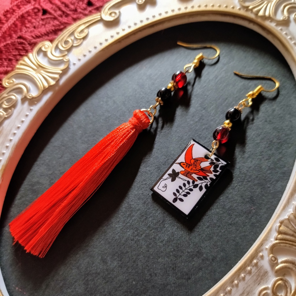 花札&タッセルピアス（藤）(イヤリング)【和ゴス】【和装】【着物】【成人式】【袴】【浴衣】【和風】