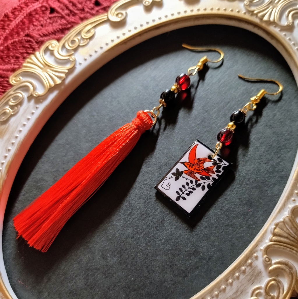 花札&タッセルピアス(藤)(イヤリング)【和ゴス】【和装】【着物】【成人式】【袴】【浴衣】【和風】