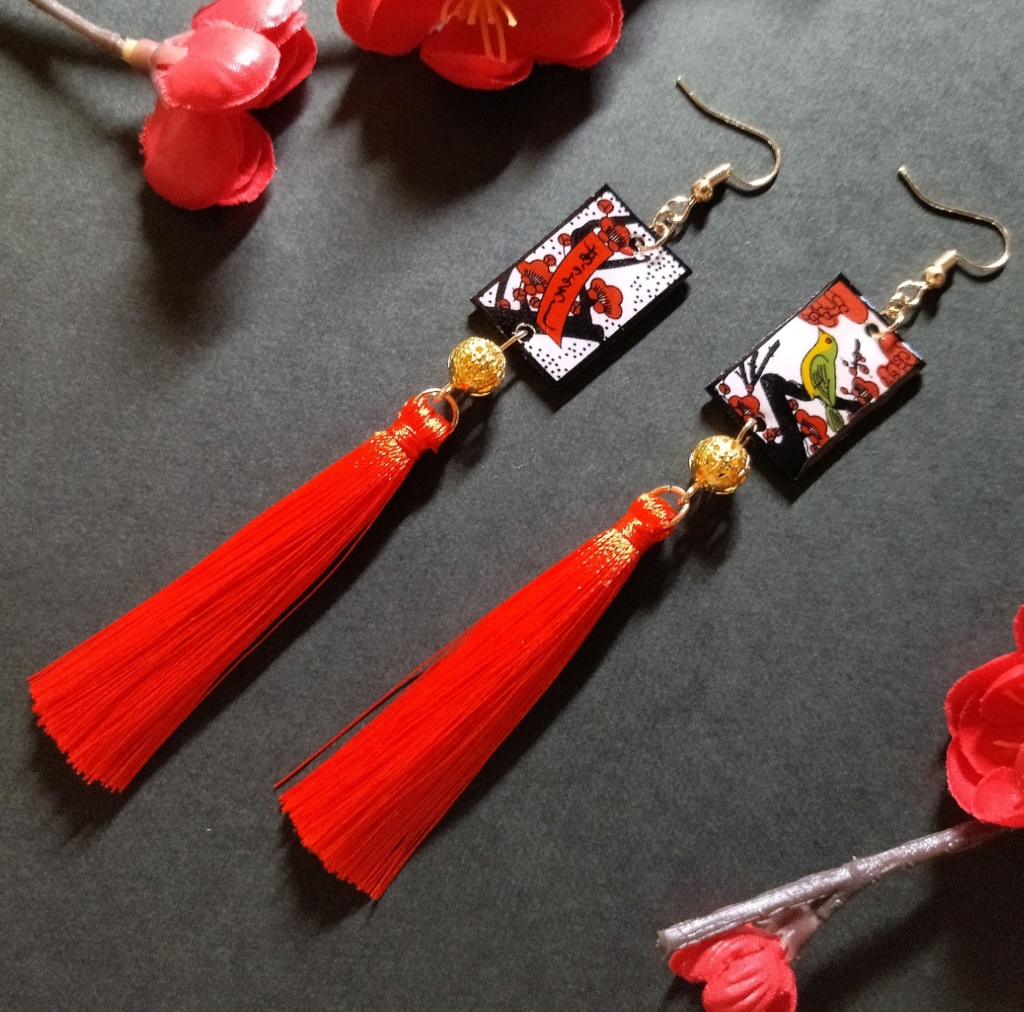 花札&タッセルピアス（梅）(イヤリング)【和ゴス】【和装】【着物】【成人式】【袴】【浴衣】【和風】