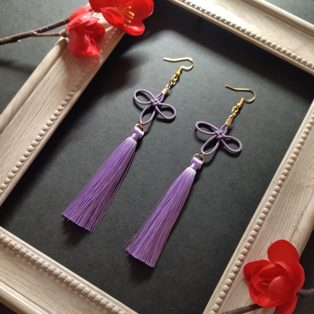 【和風】几帳結びとタッセルのピアス(イヤリング)(薄紫)【チャイナ】【中華風】【着物】