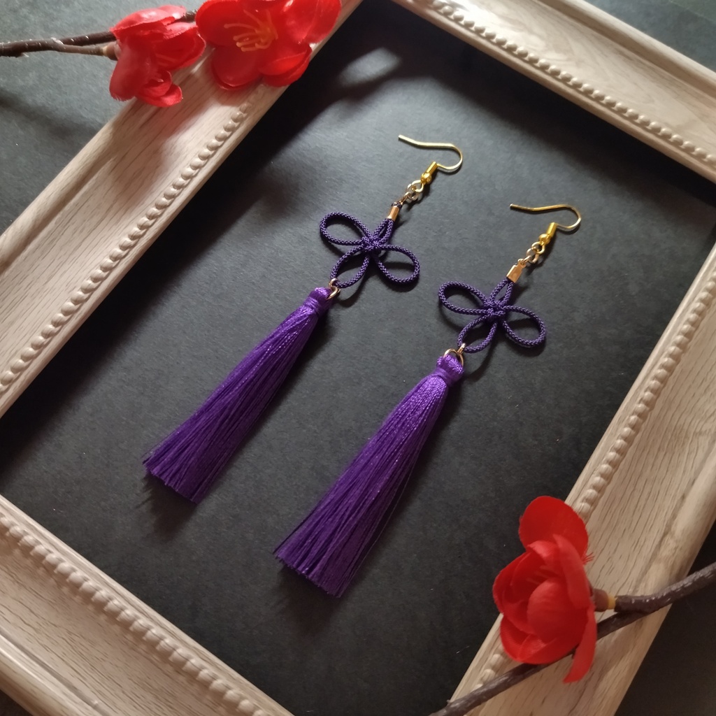 【和風】几帳結びとタッセルのピアス(イヤリング)(紫)【チャイナ】【中華風】【着物】
