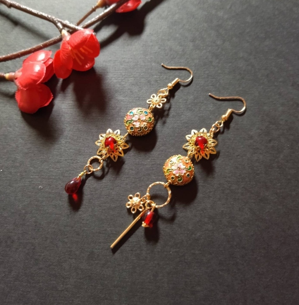 【和風】七宝ビーズのアジアンテイストピアス(ピンク、赤)【チャイナ】