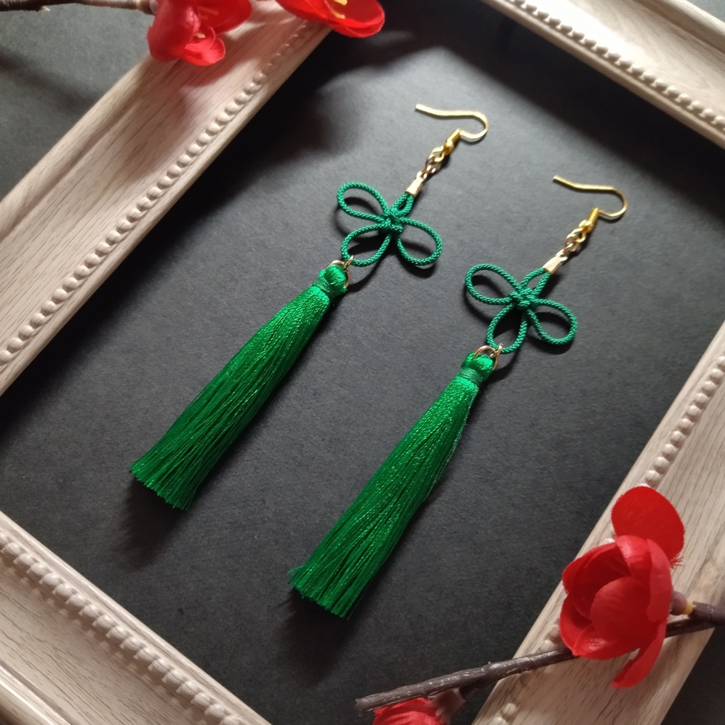 【和風】几帳結びとタッセルのピアス(イヤリング)(緑)【チャイナ】【中華風】【着物】【浴衣】【和装】