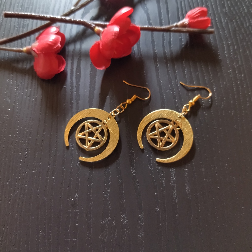 【和風】逆さ月と五芒星のピアス(イヤリング)【チャイナ】【陰陽師】