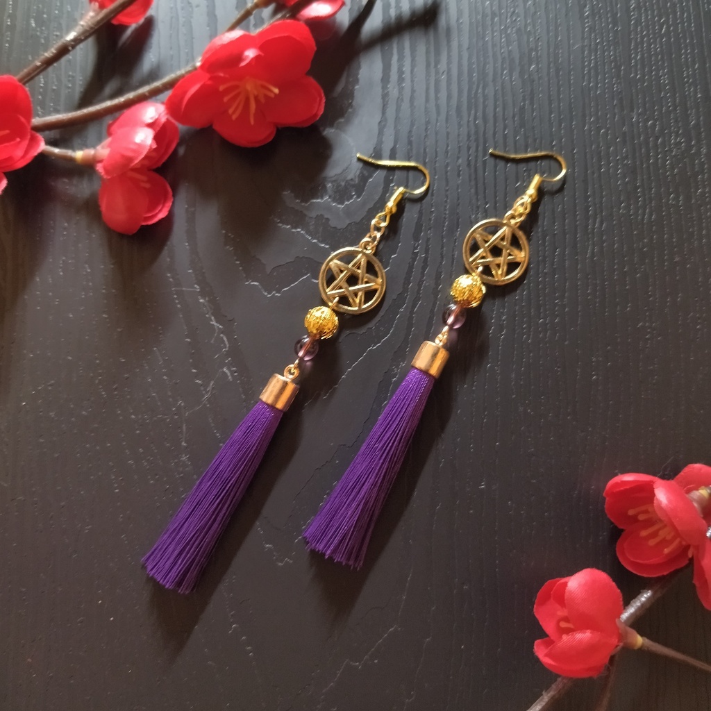 【和風】五芒星とタッセルのピアス(イヤリング)(紫)【チャイナ】【中華風】