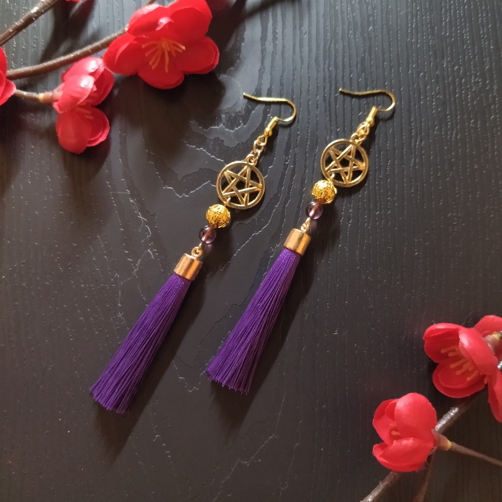 【和風】五芒星とタッセルのピアス(イヤリング)(紫)【チャイナ】【中華風】