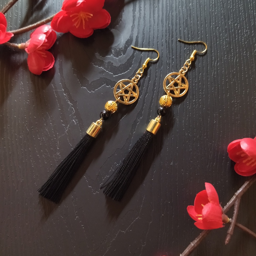【和風】五芒星とタッセルのピアス(イヤリング)(黒)【チャイナ】【中華風】【着物】【浴衣】