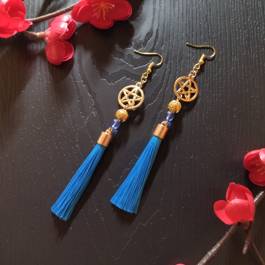 【和風】五芒星とタッセルのピアス(イヤリング)(薄青)【チャイナ】【中華風】【和装】【着物】【浴衣】