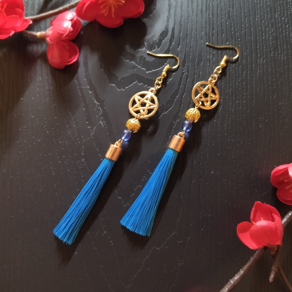 【和風】五芒星とタッセルのピアス(イヤリング)(薄青)【チャイナ】【中華風】【和装】【着物】【浴衣】