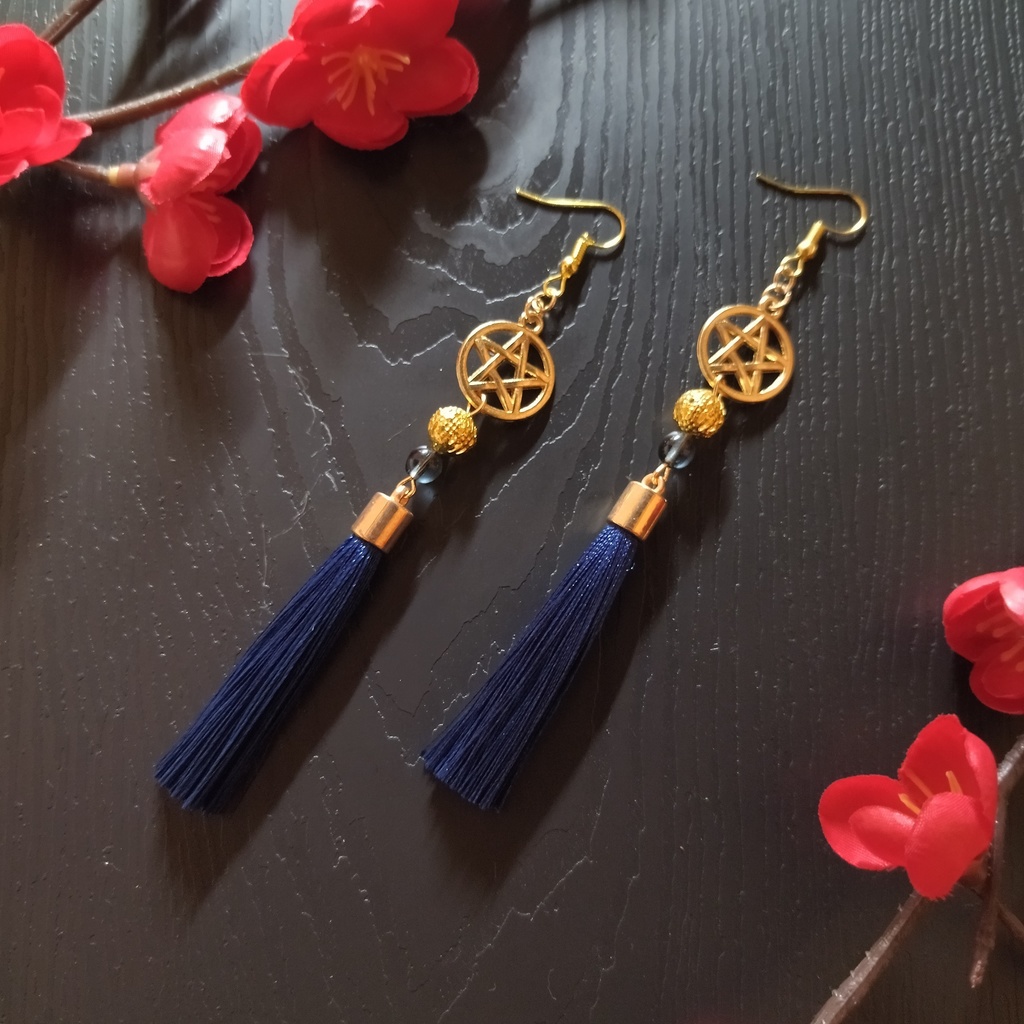 【和風】五芒星とタッセルのピアス(イヤリング)(紺)【チャイナ】【中華風】