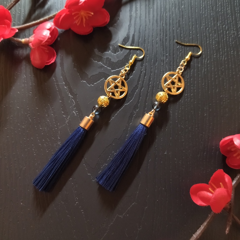【和風】五芒星とタッセルのピアス(イヤリング)(紺)【チャイナ】【中華風】
