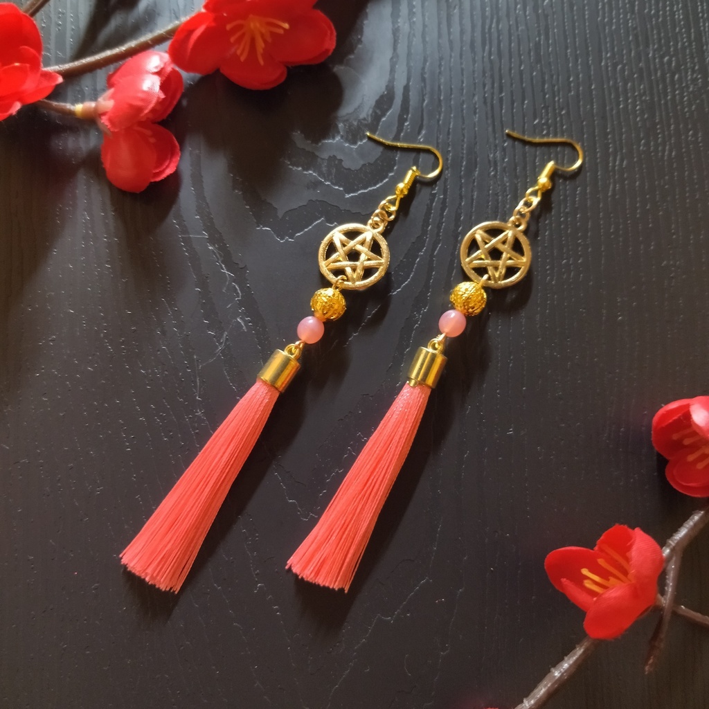 【和風】五芒星とタッセルのピアス(イヤリング)(ピンク)【チャイナ】【中華風】【浴衣】