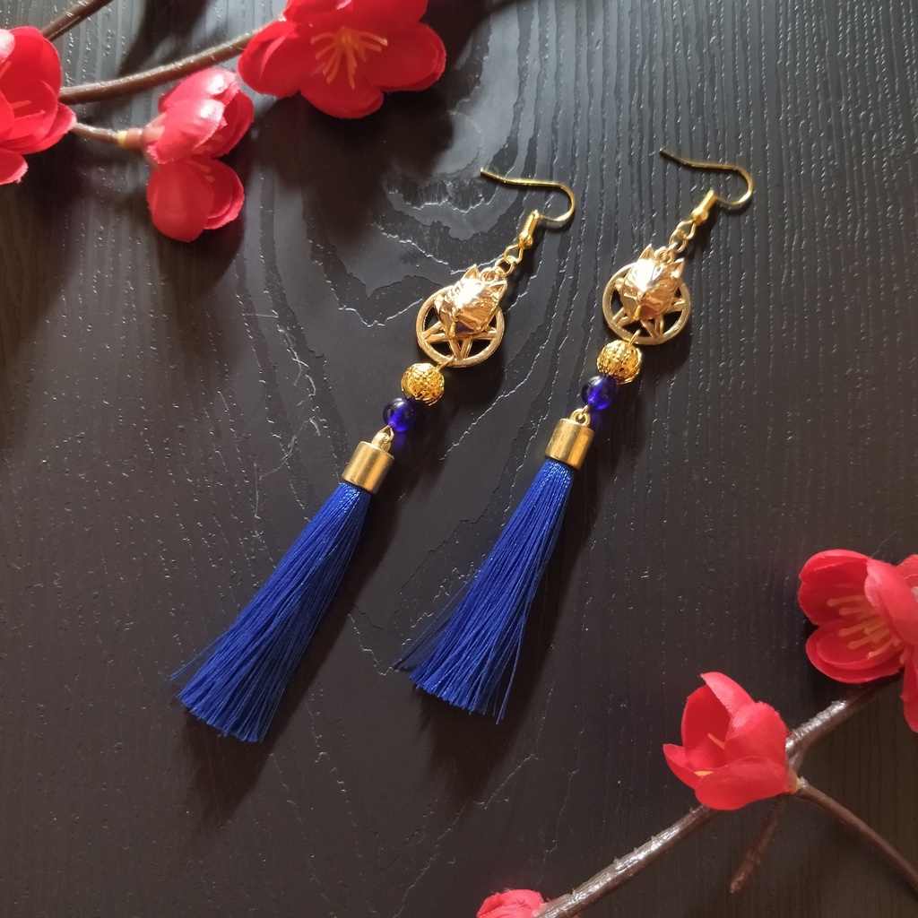 【和風】狐面とタッセルのピアス（青）（イヤリング）【チャイナ】【中華風】