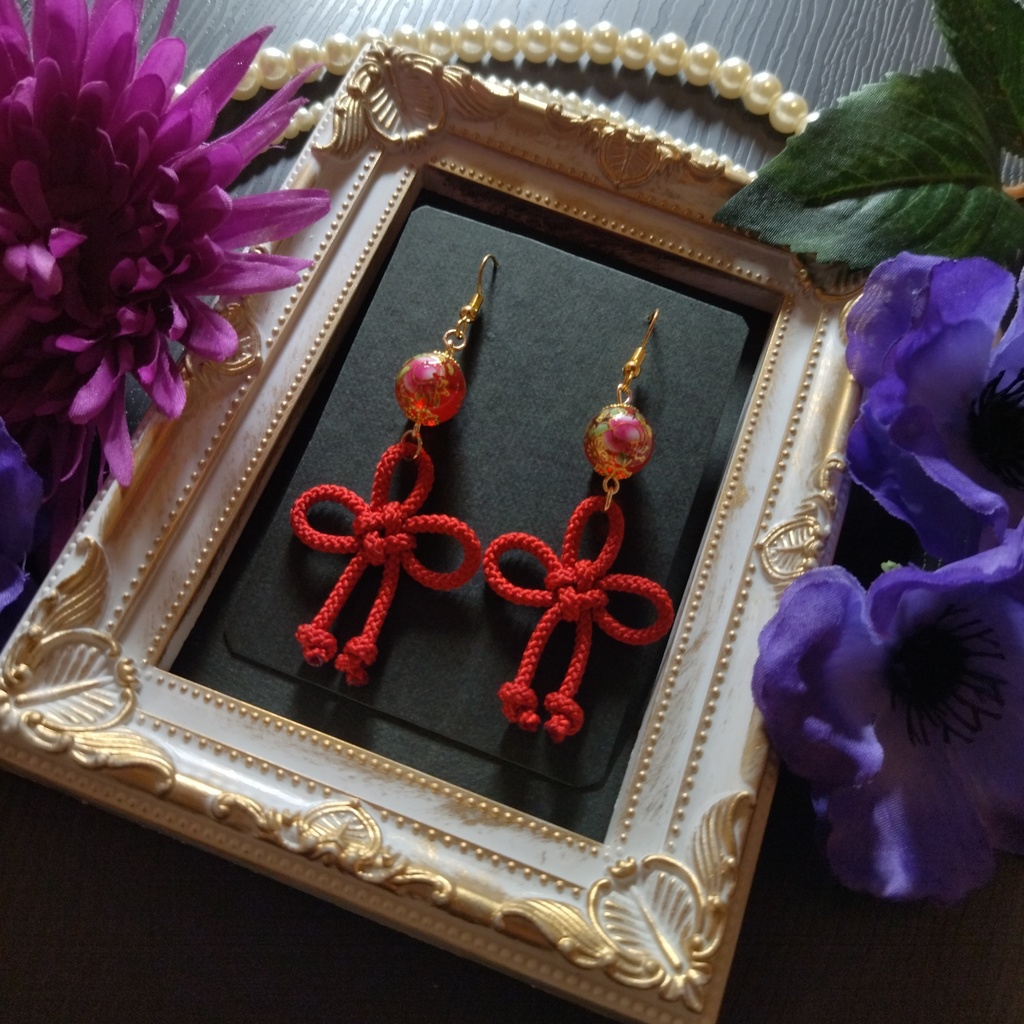 【和風】ガラス玉と几帳結びのピアス(イヤリング)(色オーダー可)【チャイナ】【中華風】