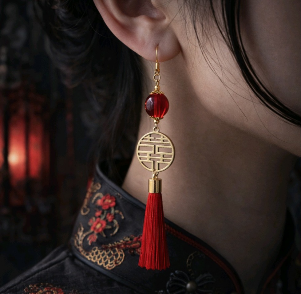 【中華風】双喜紋とガラス玉のピアス(イヤリング)(水色)【チャイナ】【ダブルハピネス】