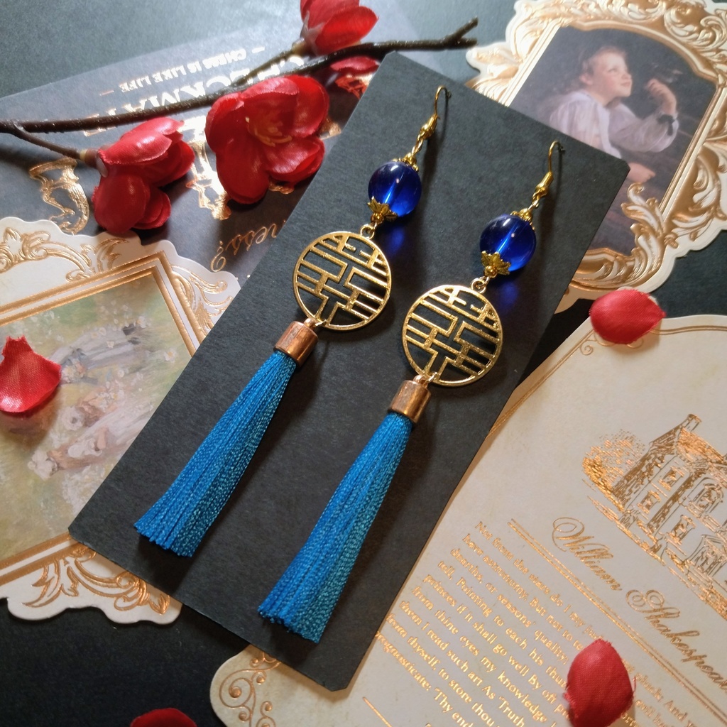 【中華風】双喜紋とガラス玉のピアス(イヤリング)(水色)【チャイナ】【ダブルハピネス】