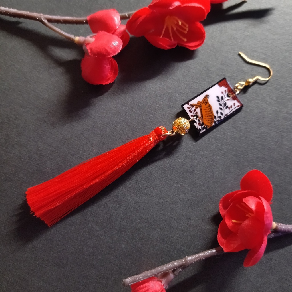 【和風】花札＆タッセルピアス（イヤリング）（猪）【着物】【浴衣】【和装】