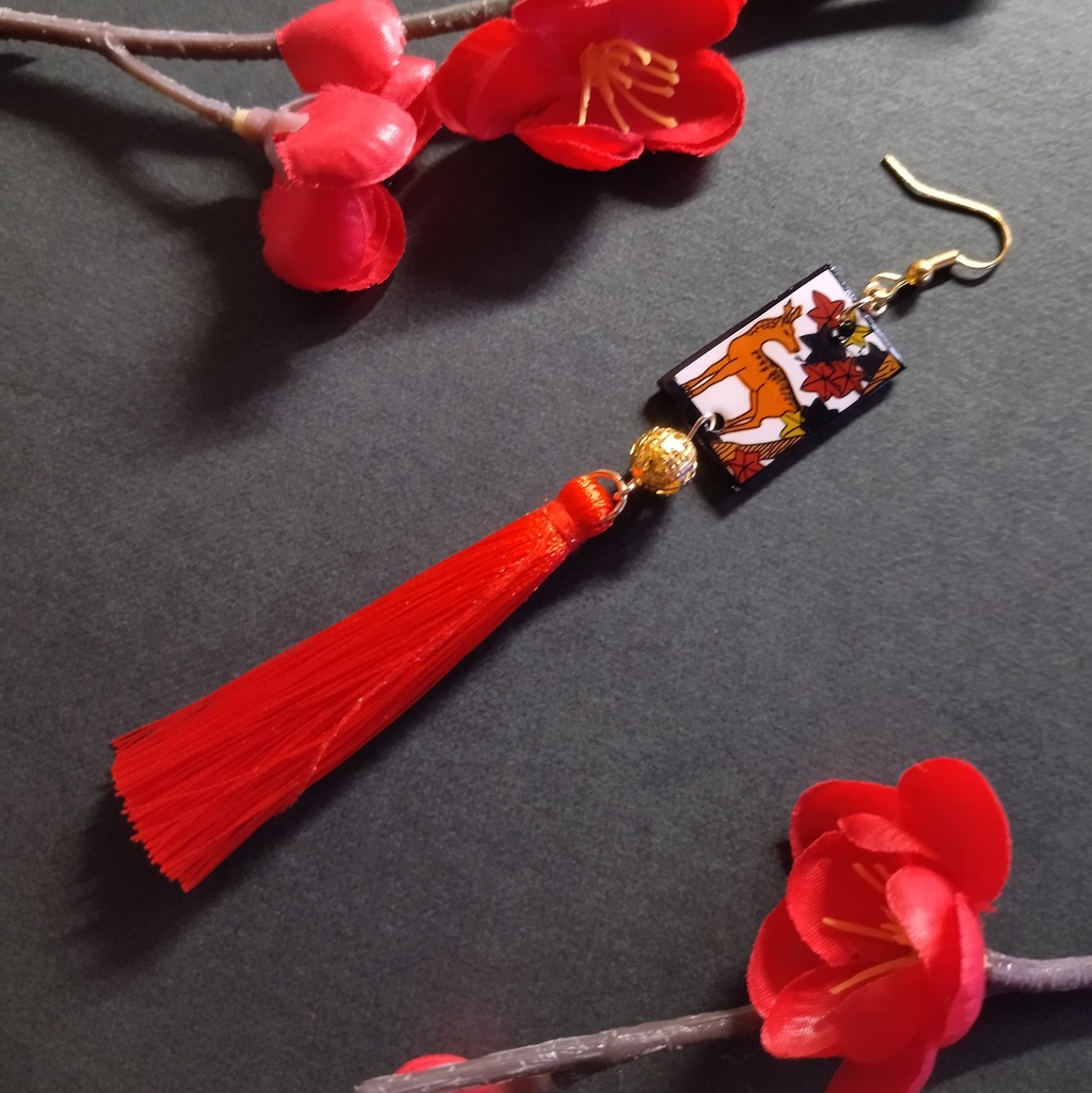 【和風】【片耳】花札&タッセルピアス(イヤリング)(鹿)【着物】【浴衣】【和装】