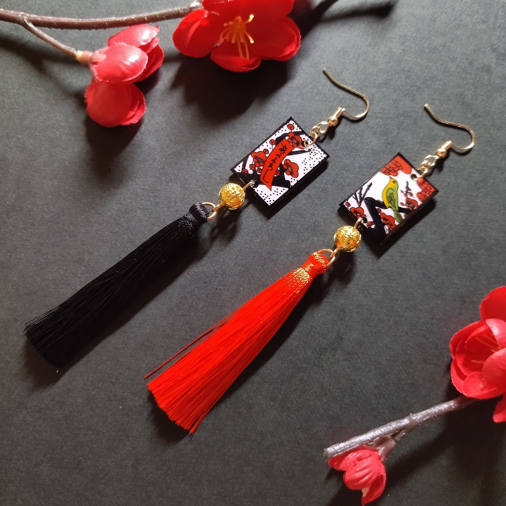 【和風】花札&タッセルピアス(イヤリング)(赤黒)(梅)【和風ゴシック】【袴】【着物】
