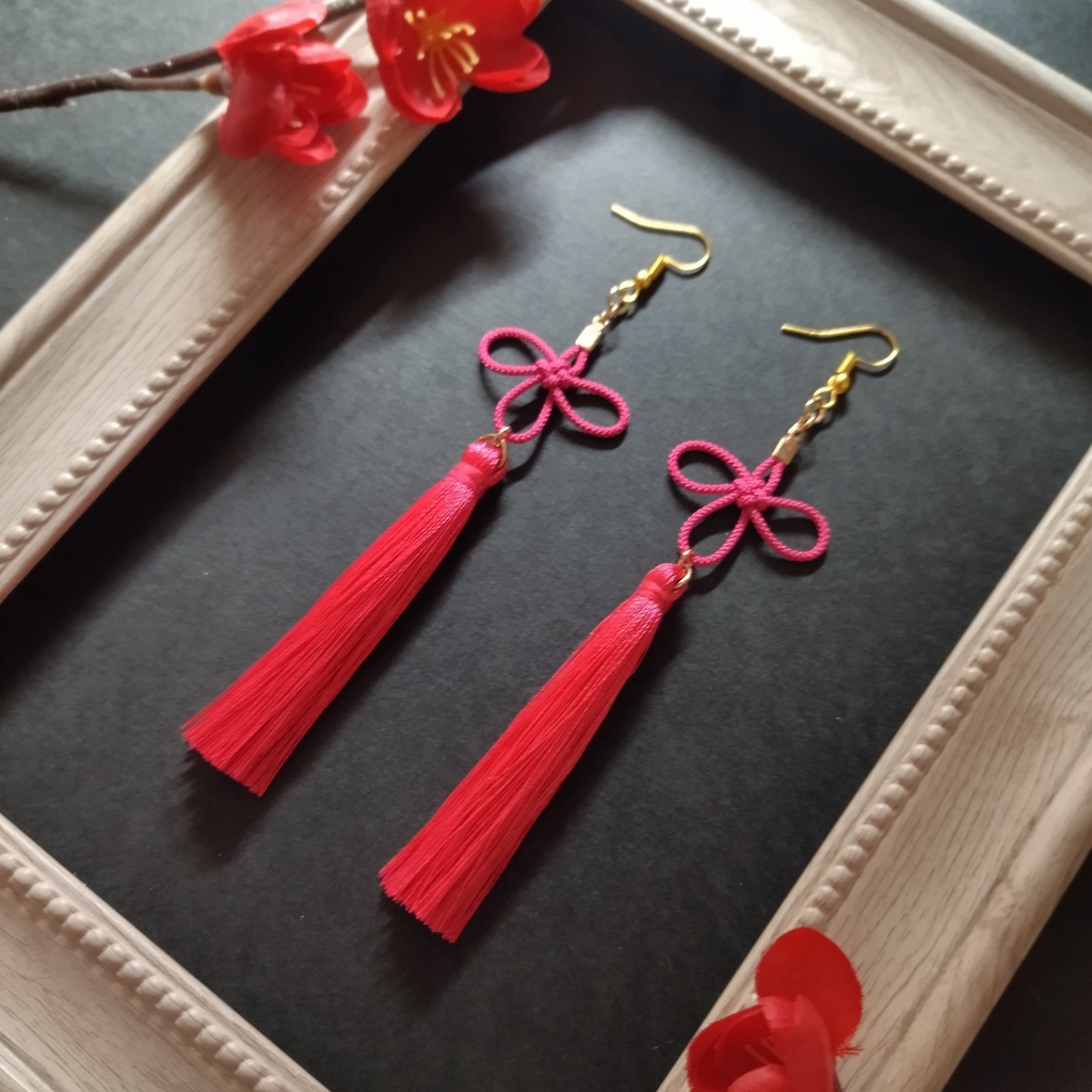 【和風】几帳結びとタッセルのピアス(イヤリング)(ピンク)【チャイナ】【中華風】【和装】