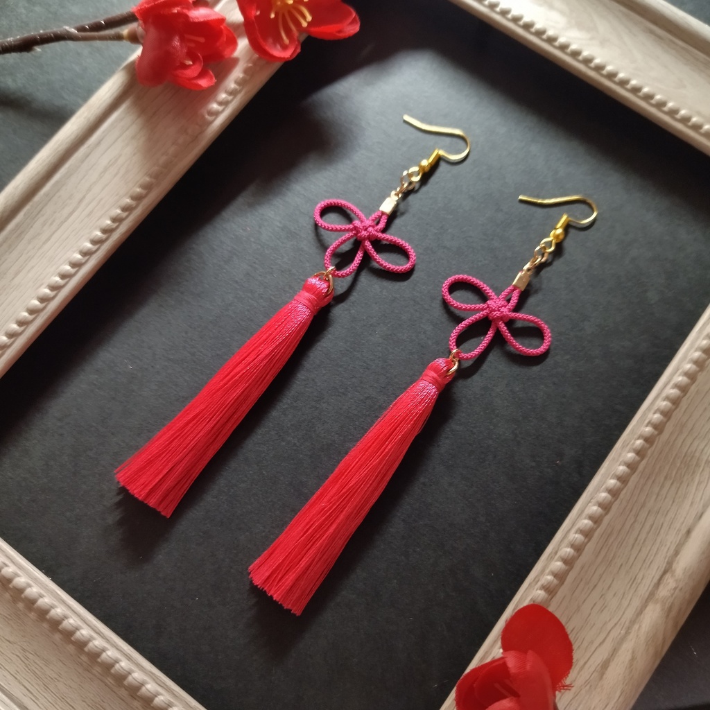 【和風】几帳結びとタッセルのピアス(イヤリング)(ピンク)【チャイナ】【中華風】【和装】