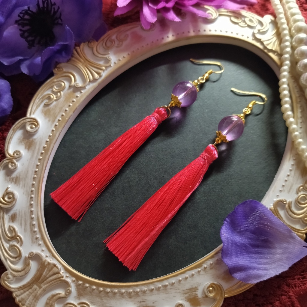 【和風】ガラス玉とタッセルのピアス(イヤリング)(ピンク)【チャイナ】【中華風】【着物】【袴】【浴衣】【推し活】