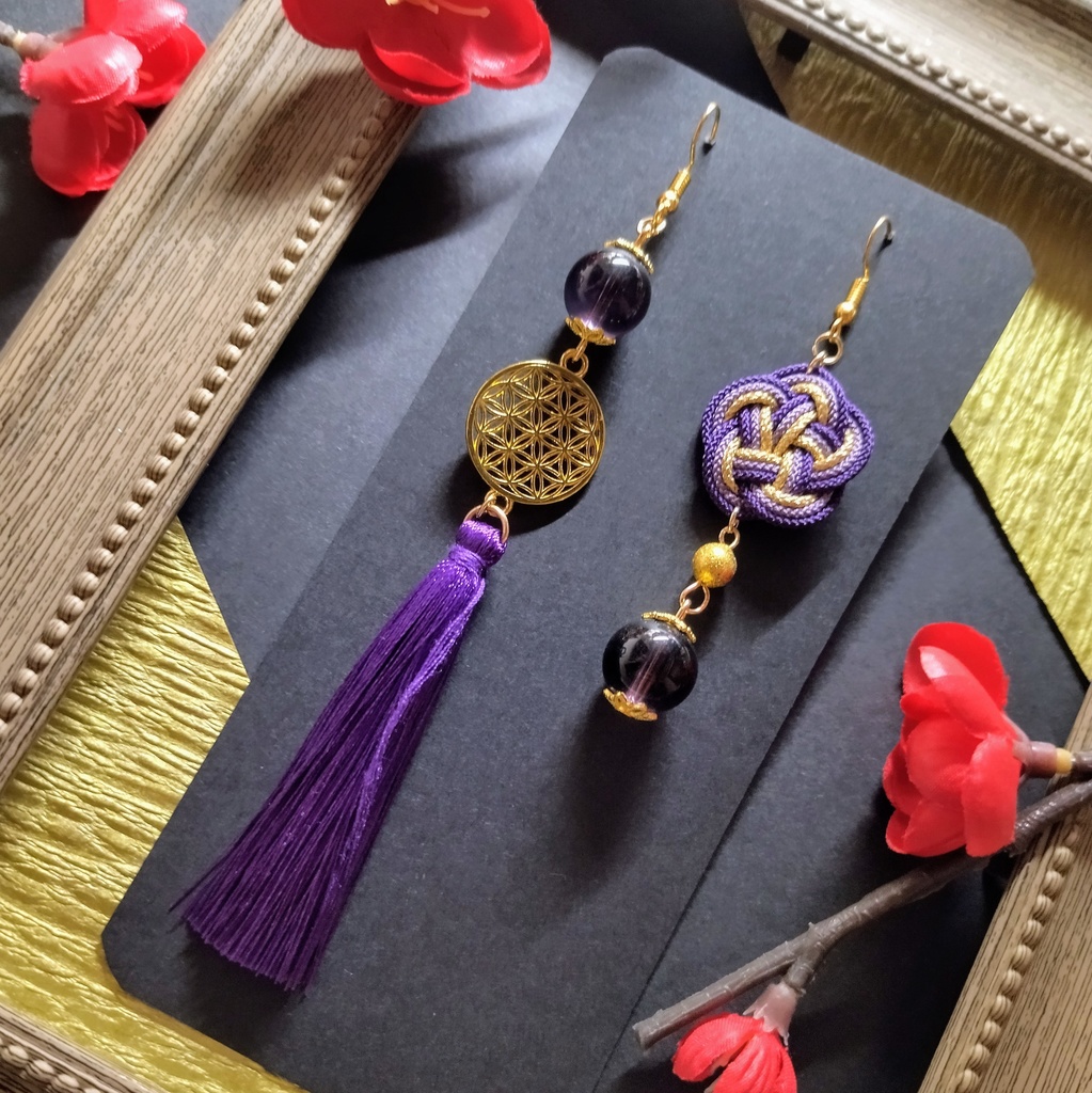 【和風】梅結びのアシンメトリーピアス(色オーダー可)【チャイナ】【中華風】【推し色】【推し活】