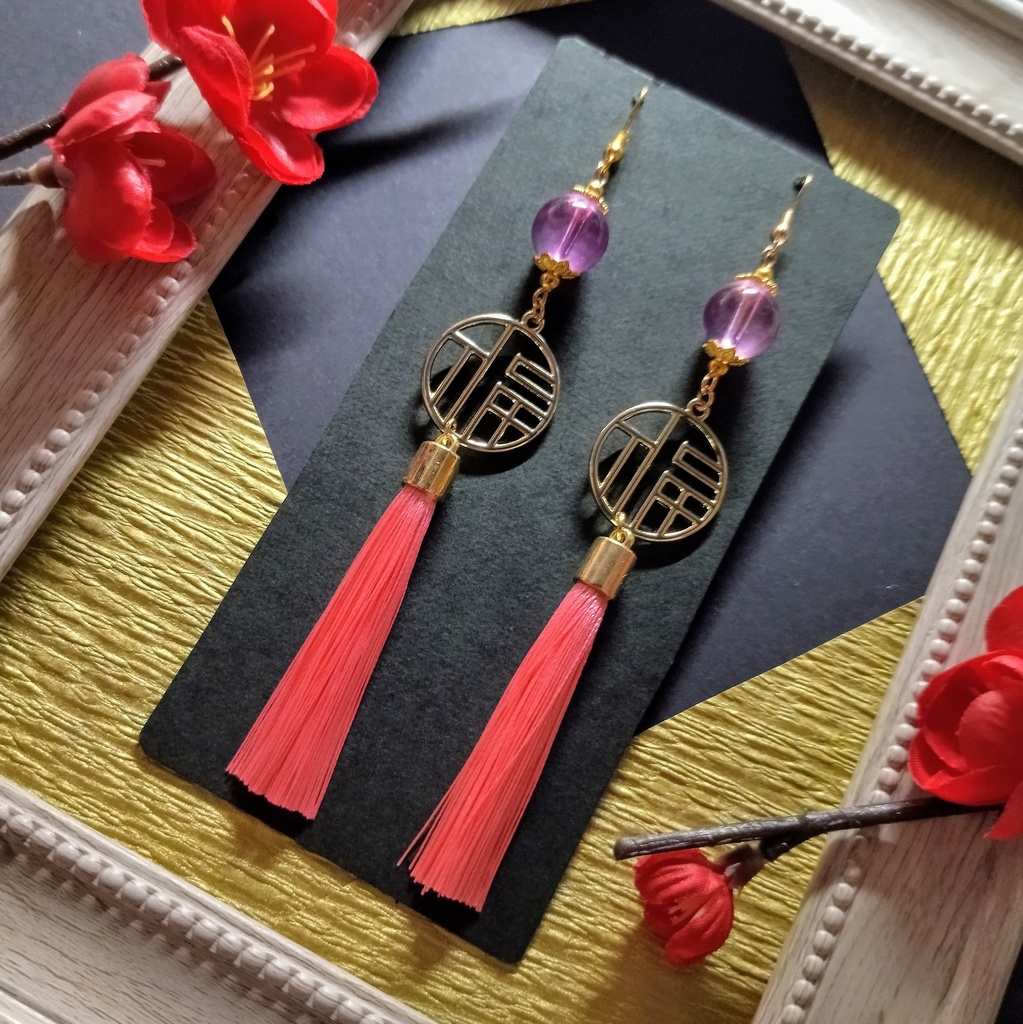 【和風】福チャームとガラス玉のピアス(イヤリング)(ピンク)【チャイナ】【中華風】