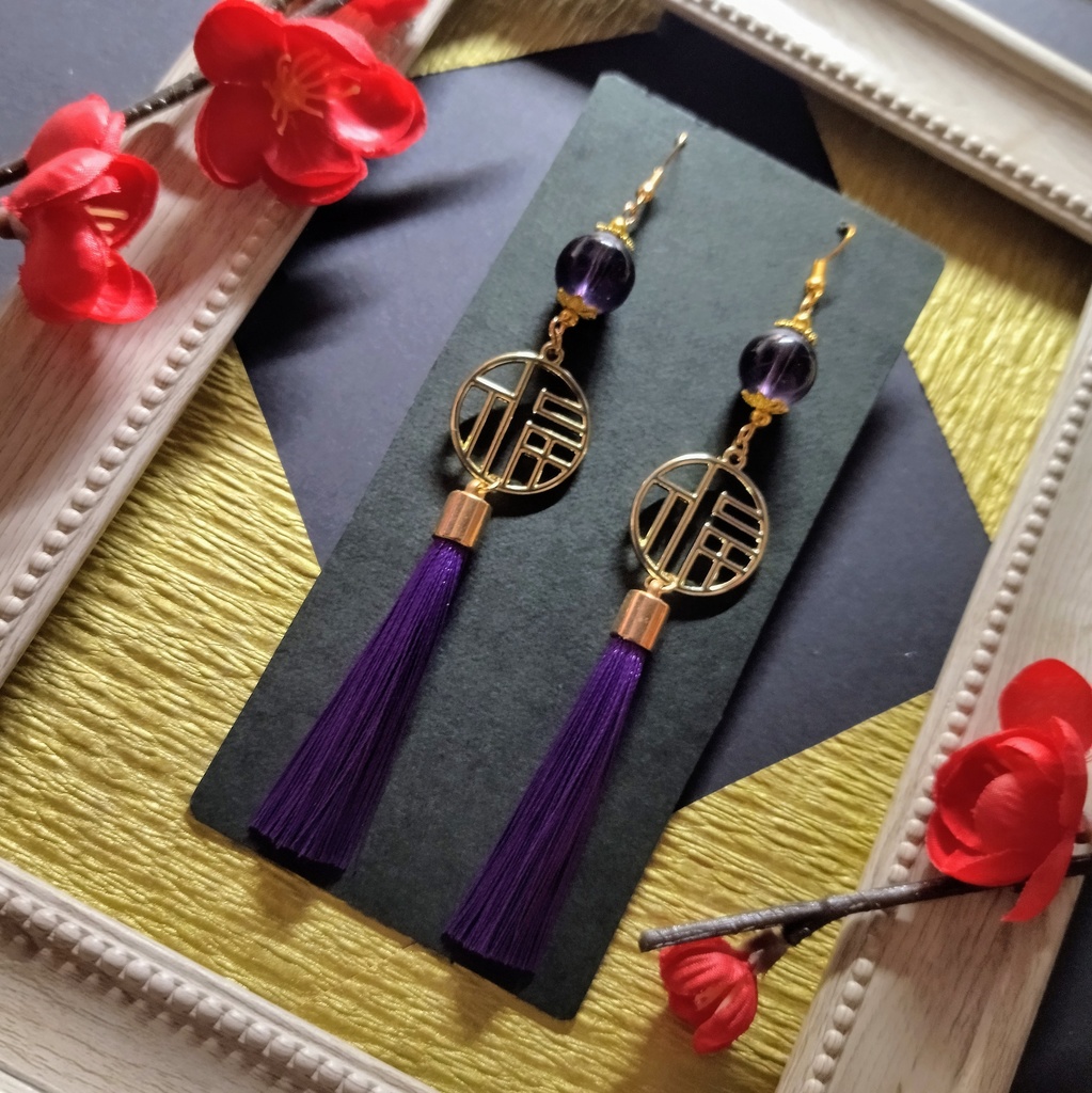 【和風】福チャームとガラス玉のピアス(イヤリング)(紫)【チャイナ】【中華風】