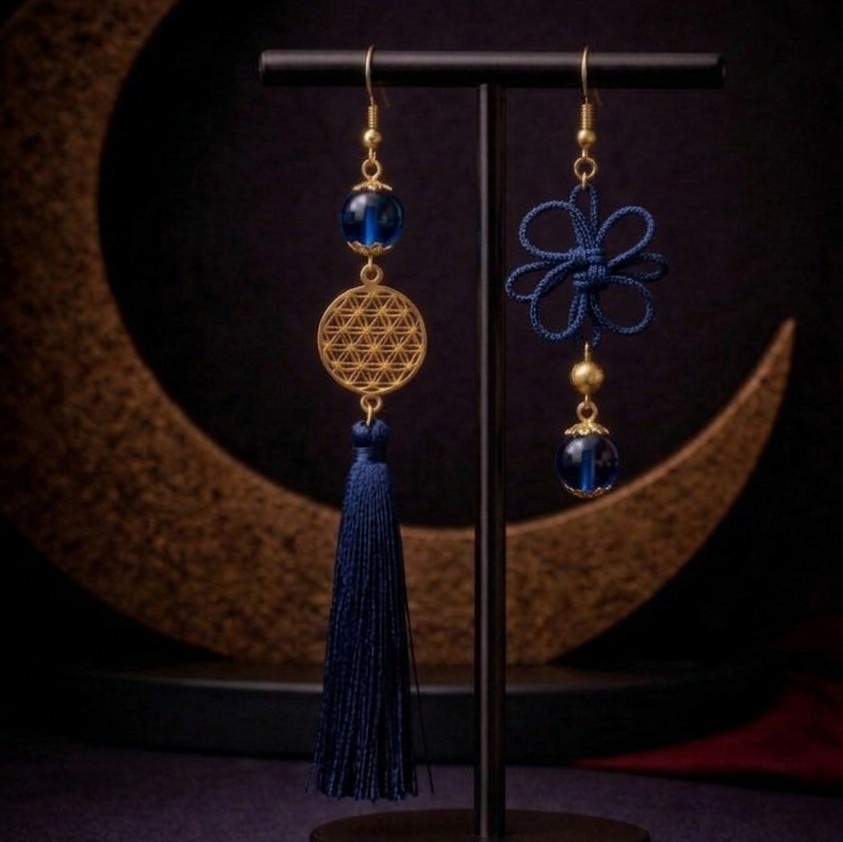 【和風】吉祥結びとガラス玉のアシンメトリーピアス（イヤリング）（色オーダー可）【着物】【袴】【和装】【和ゴス】【推し活】【推し色】