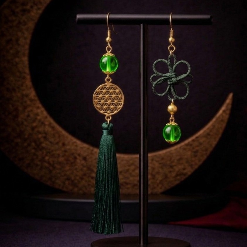 【和風】吉祥結びとガラス玉のアシンメトリーピアス(イヤリング)(色オーダー可)【卒業式】【成人式】【着物】【袴】【推し色】【推し活】