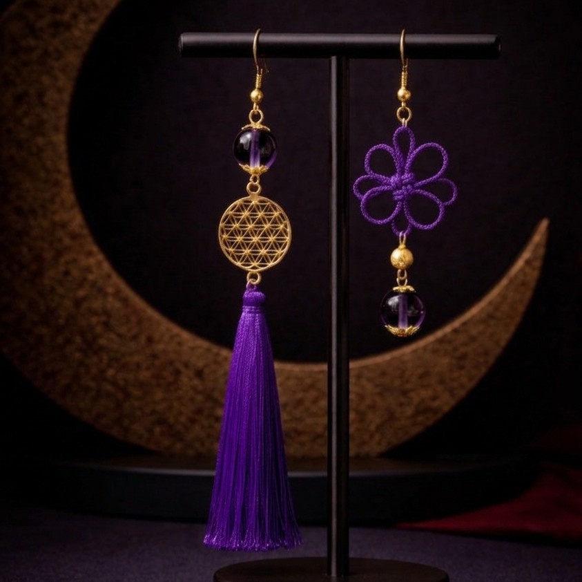 【和風】吉祥結びとガラス玉のアシンメトリーピアス（イヤリング）（色オーダー可）【推し活】【推し色】【着物】【袴】【和装】