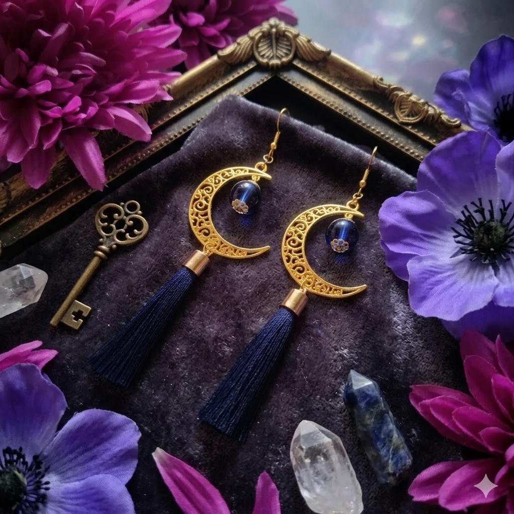 【和風】三日月とタッセルのピアス(イヤリング)(紺)【チャイナ】【中華風】【推し活】【推し色】