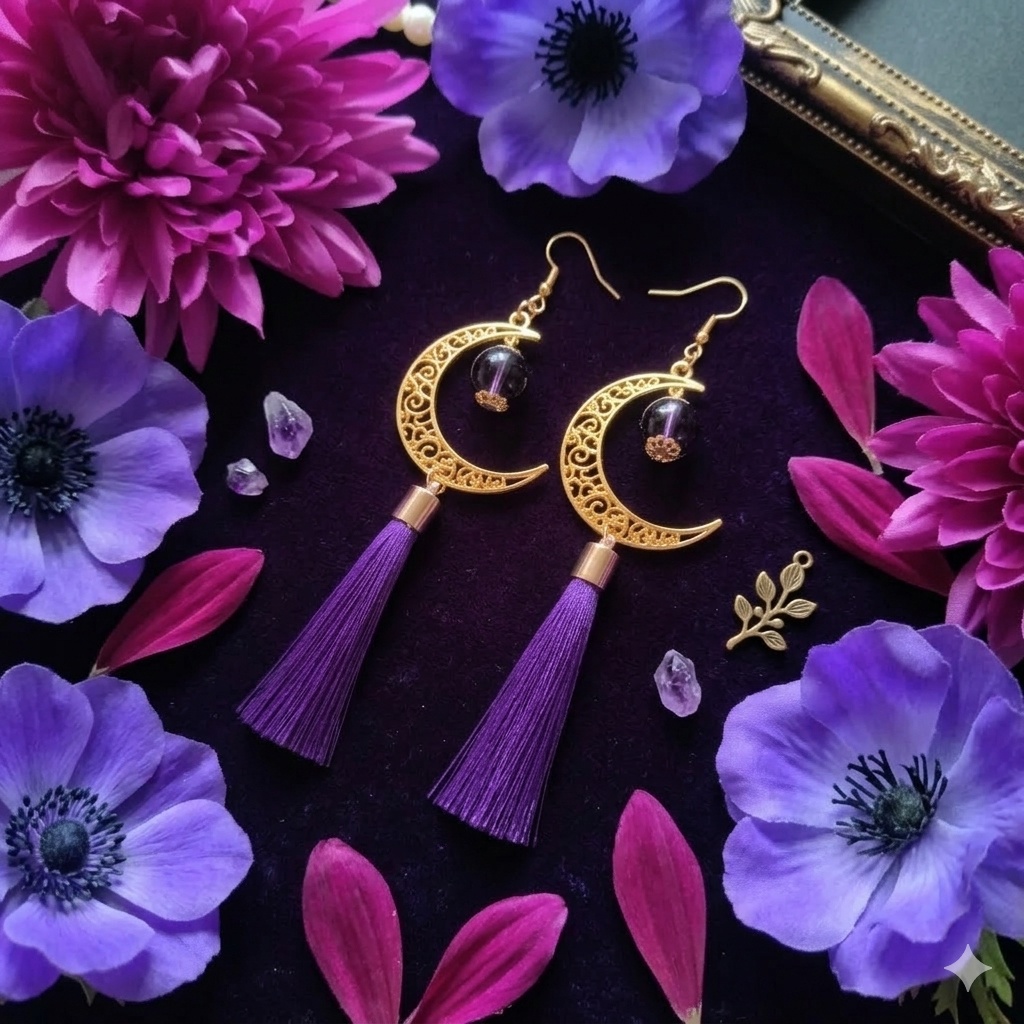 【和風】三日月とタッセルのピアス(イヤリング)(紫)【中華風】【チャイナ】