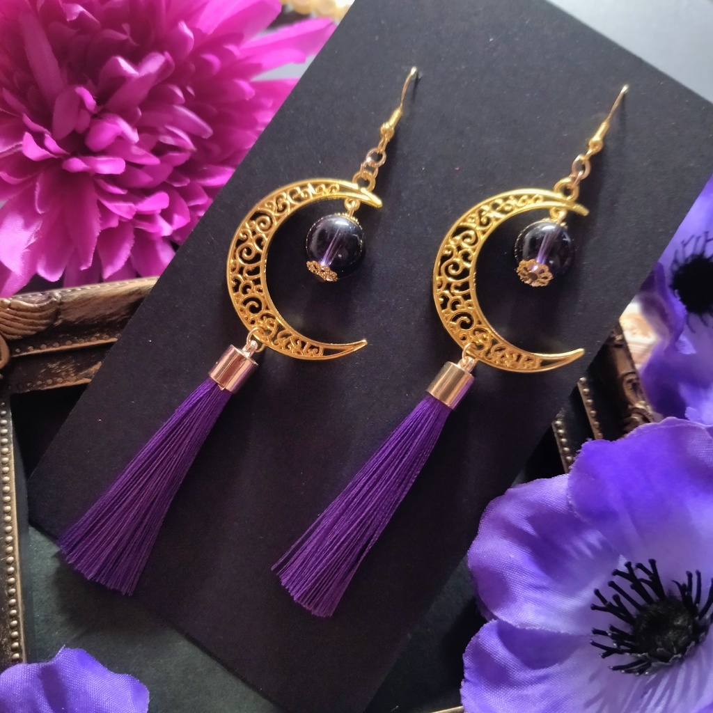 【和風】三日月とタッセルのピアス(イヤリング)(紫)【中華風】【チャイナ】